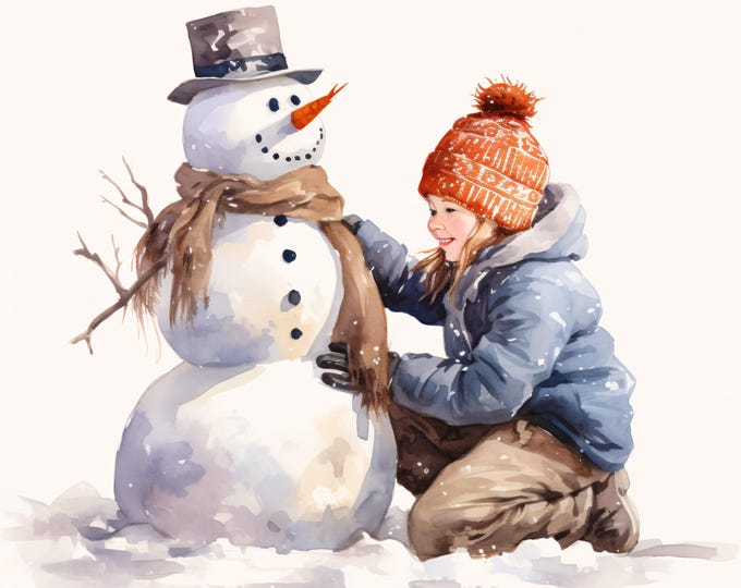 Boy and Snowman Clipart, Winter Fun Images, 10 Watercolor Clip Art, Printable JPGs, Instant Download, Commercial Use, Paper craft
