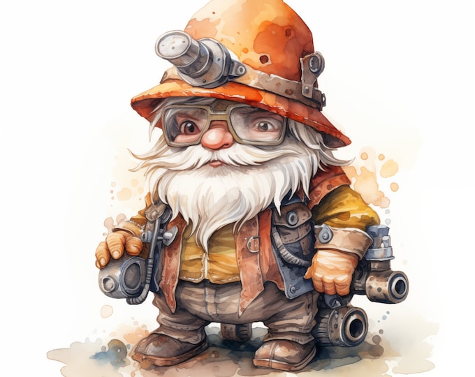 Steampunk Gnome Clipart, Steam Punk Gnome Images, 10 Watercolor Clip Art, Printable JPGs, Instant Download, Commercial Use, Paper craft
