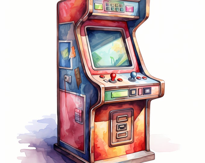 Arcade Game Clipart, Retro Gaming Images, 10 Watercolor Clip Art, Printable JPGs, Instant Download, Commercial Use, Paper craft