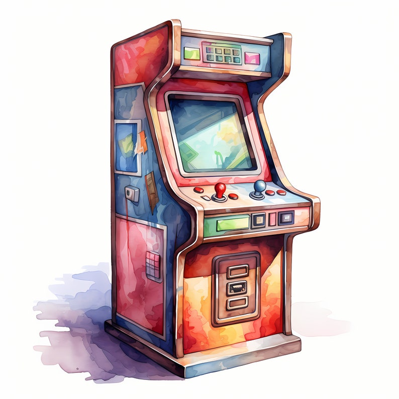 Arcade Machine Coluring Machine Arcade Game, Arcade Machine, Retro Gaming Watercolor Clipart Set With ...