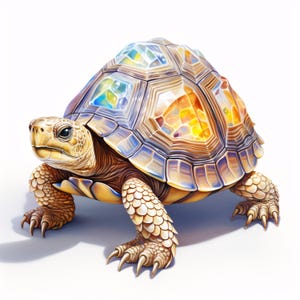 May include: A detailed illustration of a turtle with a colourful, mosaic-like shell. The shell features shades of blue, yellow, and orange, creating a gemstone effect. The turtle's head and legs are a light tan colour, with sharp claws.