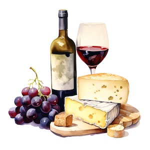 Clipart wijn en kaas, Wine Time-afbeeldingen, 10 aquarel-illustraties, afdrukbare JPG's, Instant Download, Commercieel gebruik, Papercraft