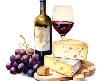 Wine and Cheese Clipart, Wine Time Images, 10 Watercolor Clip Art, Printable JPGs, Instant Download, Commercial Use, Paper craft