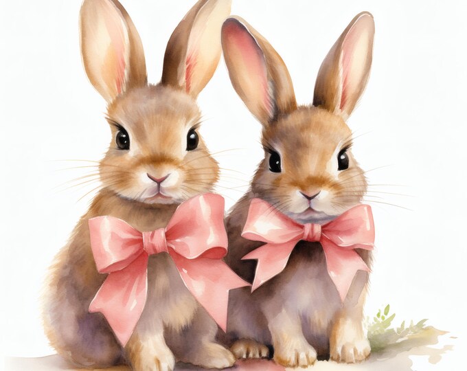 Bunny with Pink Bow Clipart, Cute Rabbit Images, 10 Watercolor Clip Art, Printable JPGs, Instant Download, Commercial Use, Paper craft