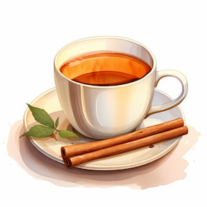 Chá Chá Clipart, Chá com Imagens de Paus de Canela, 10 Aquarela Clip Art, JPGs Imprimíveis, Download Instantâneo, Uso Comercial, Papel Artesanal