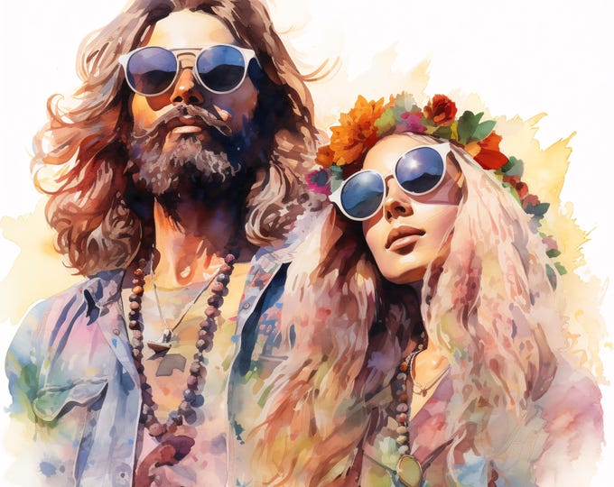 Hippie Couple Clipart, Retro 70s People Images, 10 Watercolor Clip Art, Printable JPGs, Instant Download, Commercial Use, Paper craft