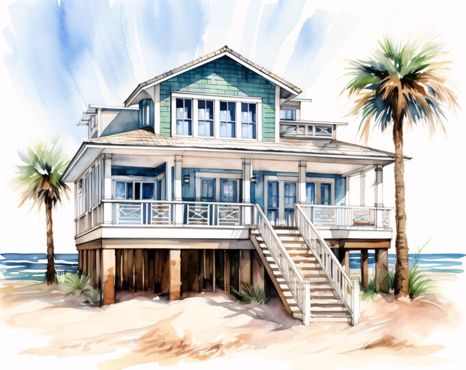 Watercolor Beach House Clipart: Ocean View JPG Images (Commercial Use, Instant Download)