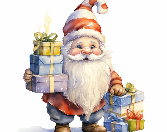 Gift Gnome Clipart, Gnome with Gifts Images, 10 Watercolor Clip Art, Printable JPGs, Instant Download, Commercial Use, Paper craft