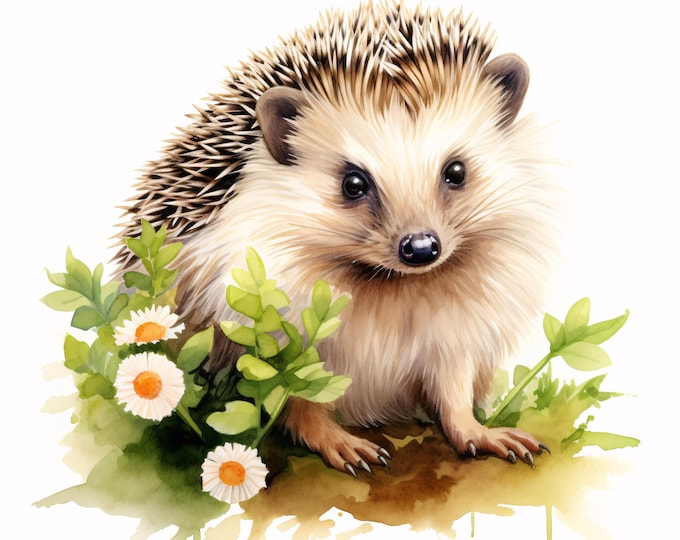 Hedgehog Clipart, Cute Animal with Flowers Images, 10 Watercolor Clip Art, Printable JPGs, Instant Download, Commercial Use, Paper craft