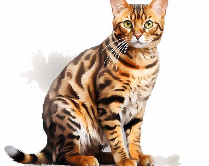 Bengal Cat Clipart, Bengal Kitten Images, 10 Watercolor Clip Art, Printable JPGs, Instant Download, Commercial Use, Paper craft
