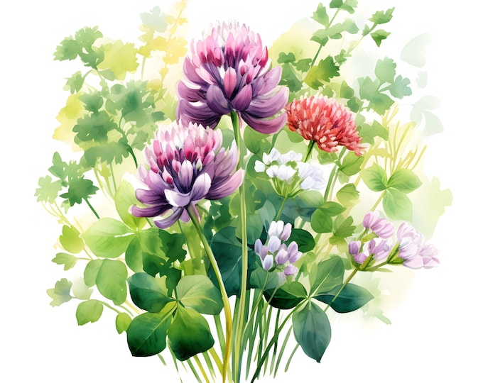 Clover Flowers Clipart, Clover Bouquet Images, 10 Watercolor Clip Art, Printable JPGs, Instant Download, Commercial Use, Paper craft