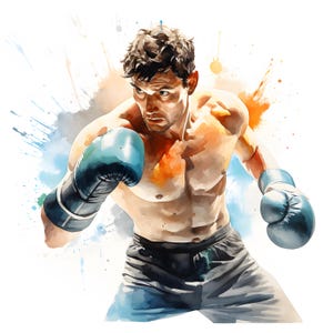 Imágenes prediseñadas de boxeo, imágenes de peleas de boxeo, 10 imágenes prediseñadas de acuarela, archivos JPG imprimibles, descarga instantánea, uso comercial, manualidades de papel