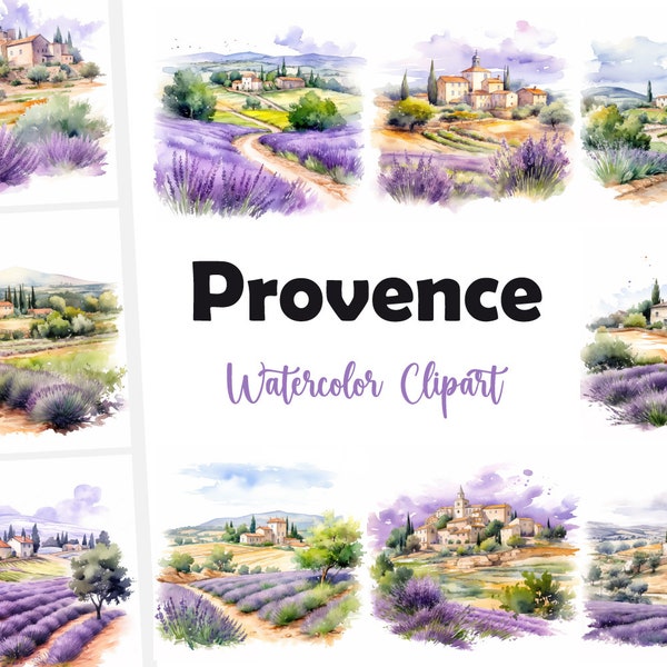 10 Provence Landscape Clipart, Provence France JPG, Watercolor clipart, High Quality JPGs, Digital Download, High Resolution, Commercial Use