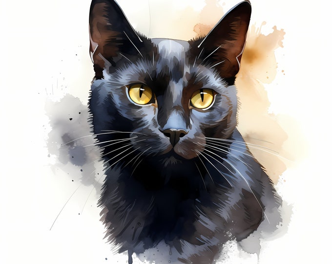 Bombay Cat Clipart, Black Kitten Images, 10 Watercolor Clip Art, Printable JPGs, Instant Download, Commercial Use, Paper craft