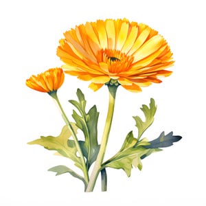 Watercolor Calendula Flower Clipart: 10 Printable JPGs (Commercial Use)