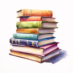 Puede incluir: Una pila de libros coloridos con ilustraciones al estilo acuarela. Los libros tienen varios tonos, incluyendo naranja, verde, azul y morado. Las espinas y los bordes están detallados, sugiriendo una estética clásica o vintage. Los libros están apilados uno encima del otro.