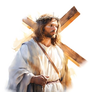 Clipart di Gesù che porta la croce, Immagini di Gesù sulla croce, 10 clipart ad acquerello, JPG stampabili, Download immediato, Uso commerciale, Artigianato di carta