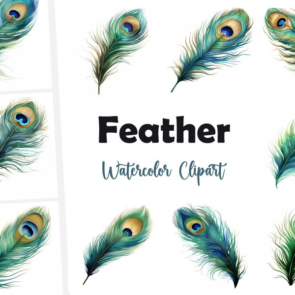 10 Peacock Feather, Peacock Feathers JPG, Watercolor Clipart, High Quality JPGs, Digital Download, High Resolution, Commercial Use