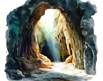 Watercolor Sea Cave Clipart: Natural Cave Images (JPGs, Instant Download)