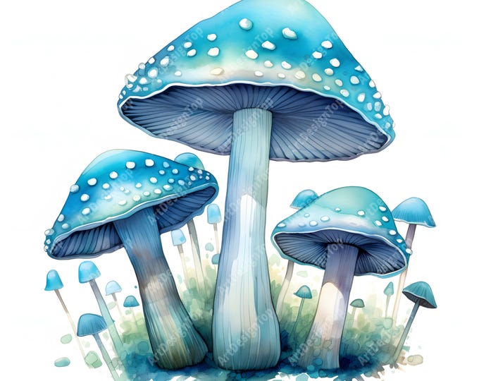 Whimsical Mushrooms Clipart, Cyan Mushrooms Images, 10 Watercolor Clip Art, Printable JPGs, Instant Download, Commercial Use, Paper craft
