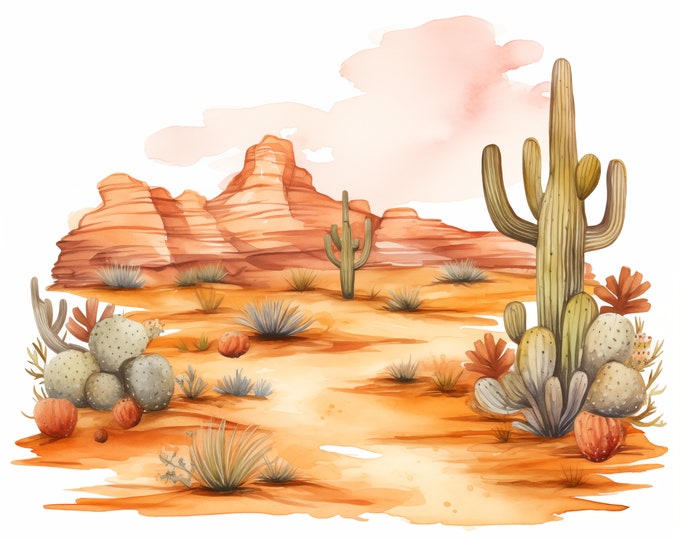 Desert Landscape Clipart, Texas Desert Images, 10 Watercolor Clip Art, Printable JPGs, Instant Download, Commercial Use, Paper craft