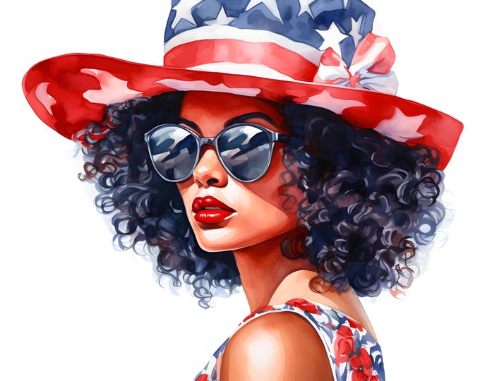 Afro American Woman Clipart, Usa Flag Girl Images, 10 Watercolor Clip Art, Printable JPGs, Instant Download, Commercial Use, Paper craft