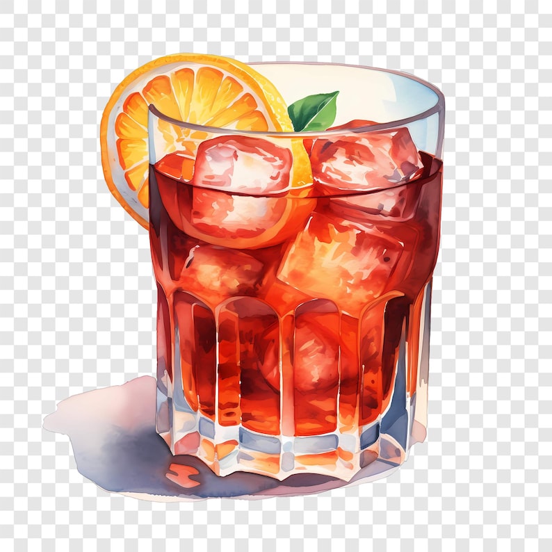 K&ouml;nnte beinhalten: Aquarell-Illustration eines Cocktails in einem klaren Glas. Das Getr&auml;nk hat eine tiefrote Farbe, ist mit Eisw&uuml;rfeln gef&uuml;llt und mit einer Orangenscheibe und einem gr&uuml;nen Blatt garniert. Das Glas hat ein facettiertes Design.