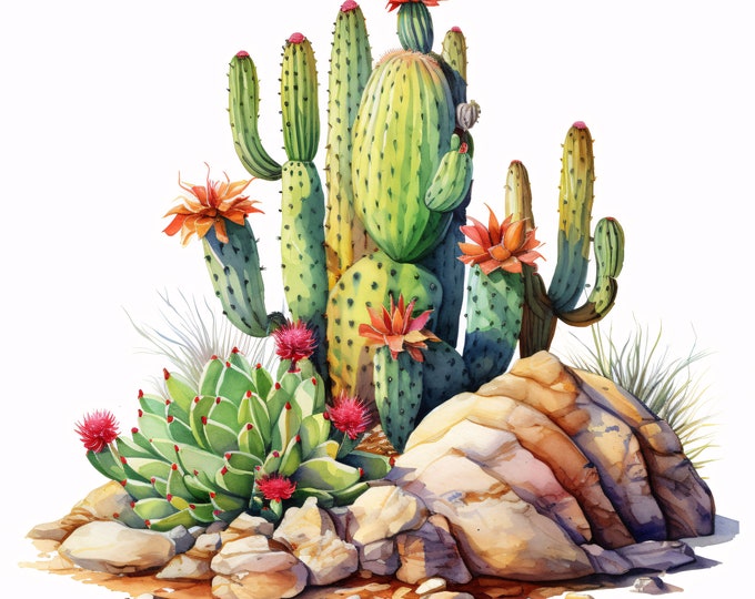 Desert Cactus Clipart, Cactus in Desert Images, 10 Watercolor Clip Art, Printable JPGs, Instant Download, Commercial Use, Paper craft