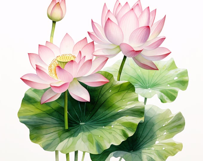 Watercolor Lotus Clipart: Printable Water Lily Images (JPGs, Commercial Use