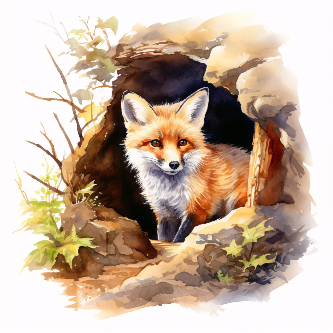巣穴にいるキツネの水彩画クリップアート：森の動物アート（JPG 即時