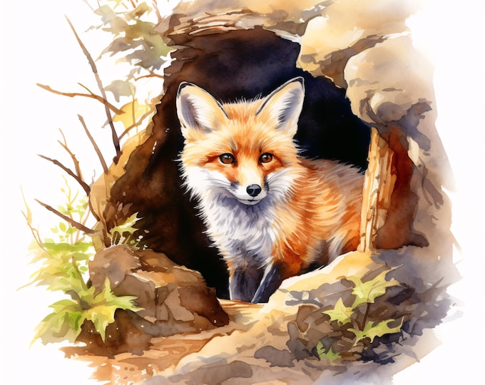 Fox in Den Watercolor Clipart: Woodland Animal Art (JPG Instant Download, Commercial Use)