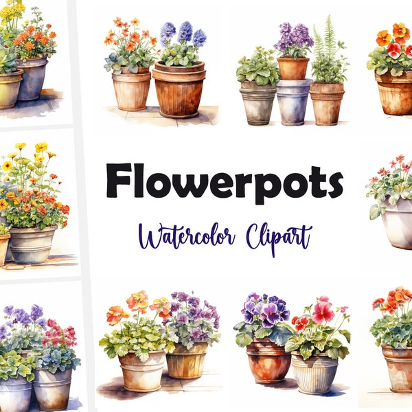 10 Rustic Flower Pots, Flowerpots JPG, Watercolor Clipart, High Quality JPGs, Digital Download, High Resolution, Commercial Use