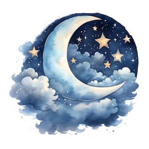 Imágenes prediseñadas de cielo nocturno, imágenes de luna y estrellas, 10 imágenes prediseñadas de acuarela, archivos JPG imprimibles, descarga instantánea, uso comercial, manualidades de papel