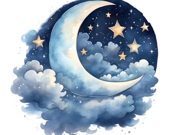Watercolor Moon & Stars Clipart: Night Sky Images (JPGs)