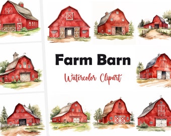 Farm Barn Clipart, Red Farm Barn Images, 10 Watercolor Clip Art, Printable JPGs, Instant Download, Commercial Use, Paper craft