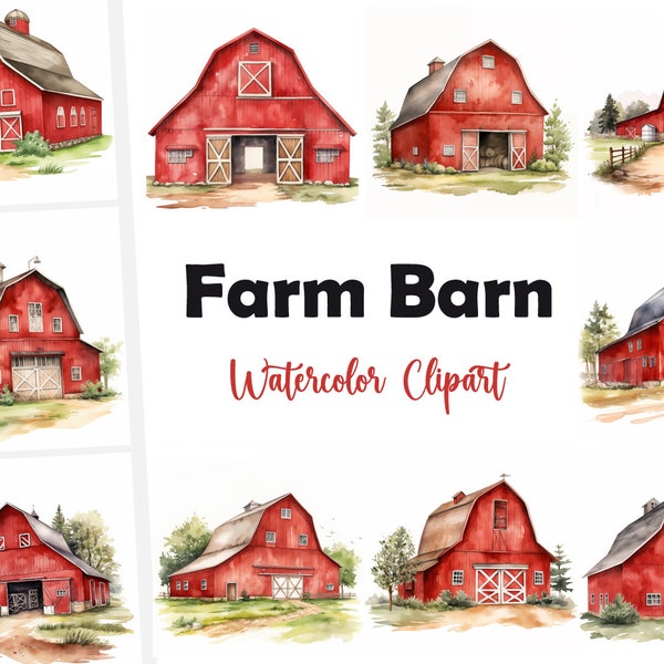 10 Red Farm Barn Clipart, Old Farm Barn JPG, Watercolor Clipart, High Quality JPGs, Digital Download, High Resolution, Commercial Use