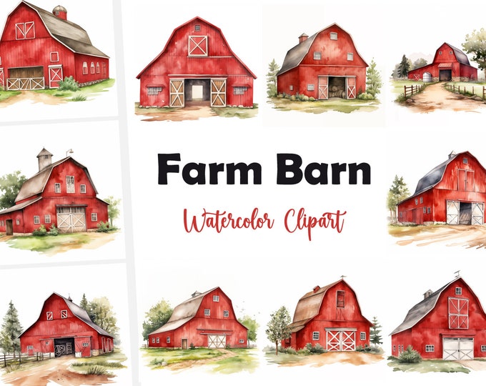 Farm Barn Clipart, Red Farm Barn Images, 10 Watercolor Clip Art, Printable JPGs, Instant Download, Commercial Use, Paper craft