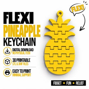 Puede incluir: Un llavero de piña articulado de color amarillo con un diseño segmentado. El texto dice: FLEXI PINEAPPLE KEYCHAIN, DIGITAL DOWNLOAD NO PHYSICAL ITEM, 3D PRINTABLE STL & 3MF FILES, EASY TO PRINT MINIMAL SUPPORT, FLEX!, FIDGET • FUN • RELIEF.