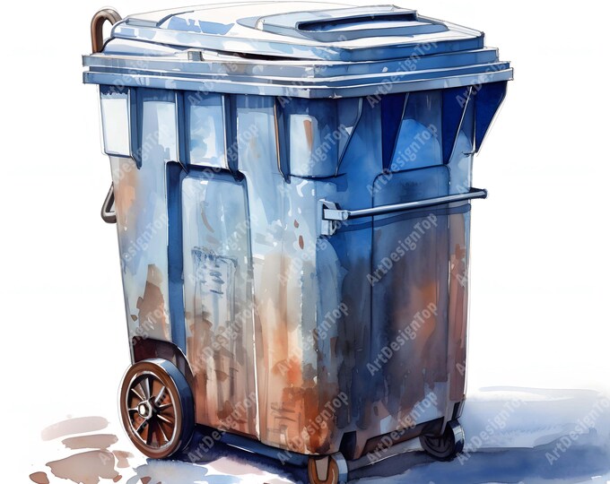 Garbage Bin Clipart, Trash Bin Images, 10 Watercolor Clip Art, Printable JPGs, Instant Download, Commercial Use, Paper craft