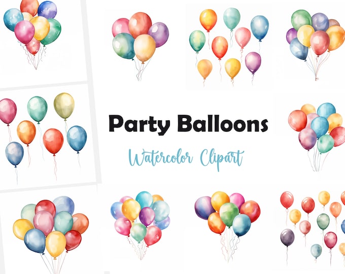 Party Balloons Clipart, Coloured Balloon Images, 15 Watercolor Clip Art, Printable JPGs, Instant Download, Commercial Use, Paper craft