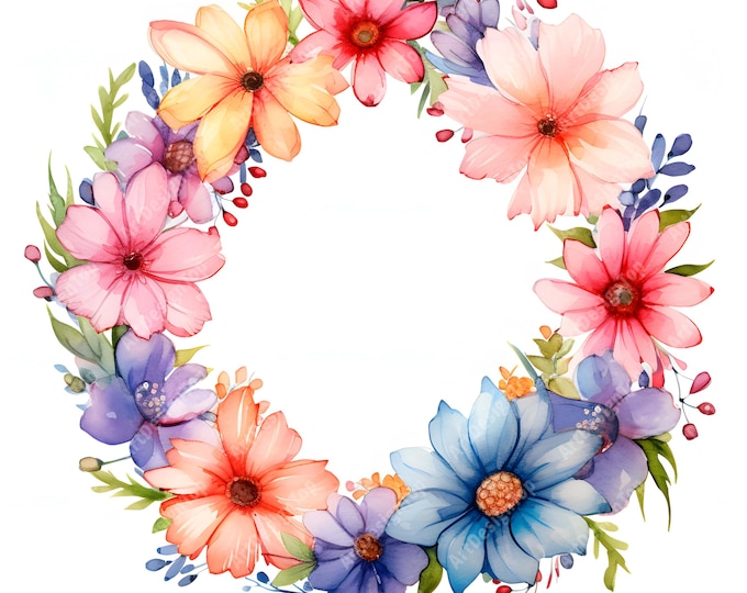 Floral Wreath Clipart, Wildflower Wreath Images, 10 Watercolor Clip Art, Printable JPGs, Instant Download, Commercial Use, Paper craft