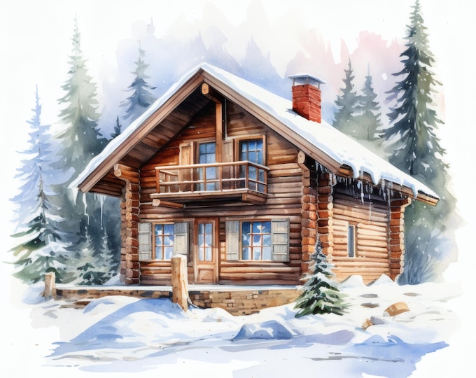 Winter Cabin Clipart, Snowy Christmas House Images, 10 Watercolor Clip Art, Printable JPGs, Instant Download, Commercial Use, Paper craft