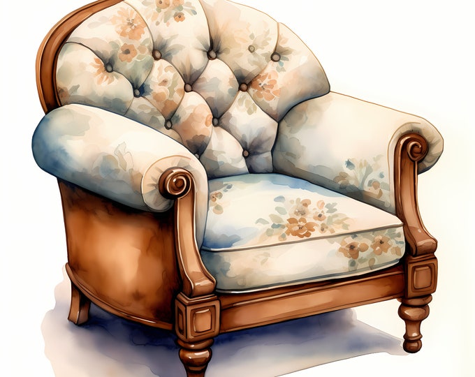 Vintage Armchair Clipart, Antique Chairs Images, 10 Watercolor Clip Art, Printable JPGs, Instant Download, Commercial Use, Paper craft