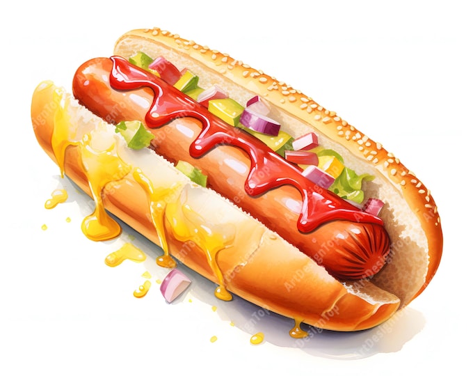 Hot Dog Clipart, American Hotdog, Fast Food Images, 10 Watercolor Clip Art, Printable JPGs, Instant Download, Commercial Use, Paper craft