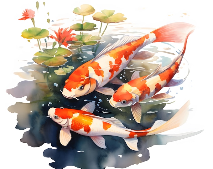 Koi Fishes Clipart, Japanese Koi Fish Images, 10 Watercolor Clip Art, Printable JPGs, Instant Download, Commercial Use, Paper craft