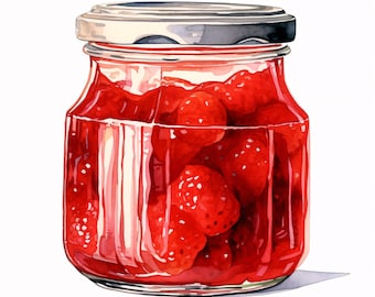 Clipart z dżemem truskawkowym, obrazy z jedzeniem w kuchni, 10 clipartów akwarelowych, pliki JPG do druku, natychmiastowe pobieranie, wykorzystanie komercyjne, rękodzieło papierowe