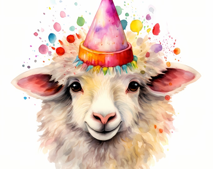 Sheep Clipart, Sheep with Party Hat Images, 10 Watercolor Clip Art, Printable JPGs, Instant Download, Commercial Use, Paper craft
