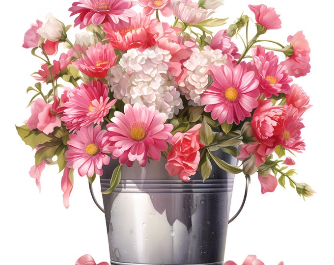 Flowers In Bucket Clipart, Pink Flowers Bouquet Images, 10 Watercolor Clip Art, Printable JPG, Instant Download, Commercial Use, Paper craft