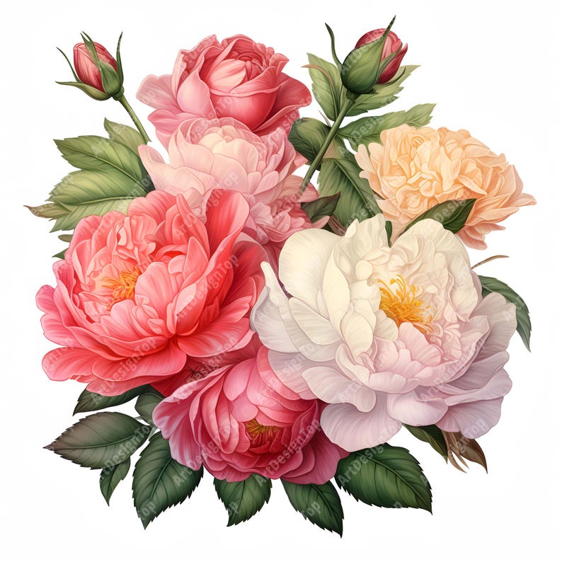 Watercolor Roses & Peonies Clipart: Flower Bouquet Images (jpgs ...