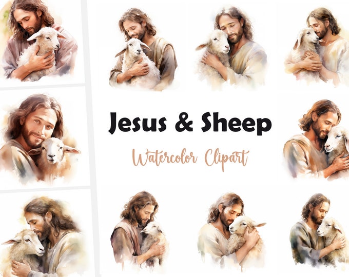 Jesus with Sheep Clipart, Jesus Good Shepherd Images, 10 Watercolor Clip Art, Printable JPGs, Instant Download, Commercial Use, Paper craft